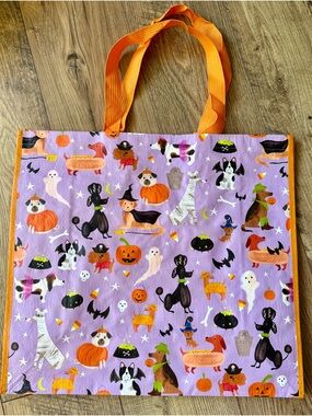 T.J.Maxx Purple Halloween Dog Print Tote with Orange Handles